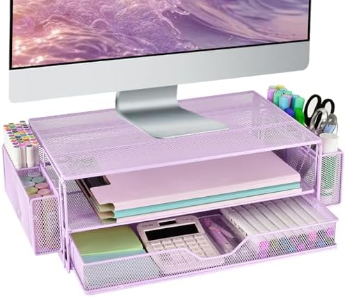 AUPSEN Computer Monitor Stands Riser，2-Tier Desk Organizers and Accessories, Office Desk Accessories Organizer with Drawers and 2 Pen Holder for Office Supplies (Purple)