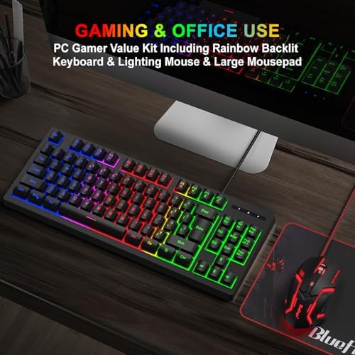 RGB 87 Keys Gaming Keyboard and Backlit Mouse Combo,BlueFinger USB Wired Rainbow Keyboard,Gaming Keyboard Set for Laptop PC Computer Game and Work