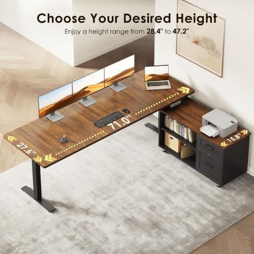 OffiGo 71" L Shaped Electric Standing Desk with Cabinet Sets, Walnut/Black