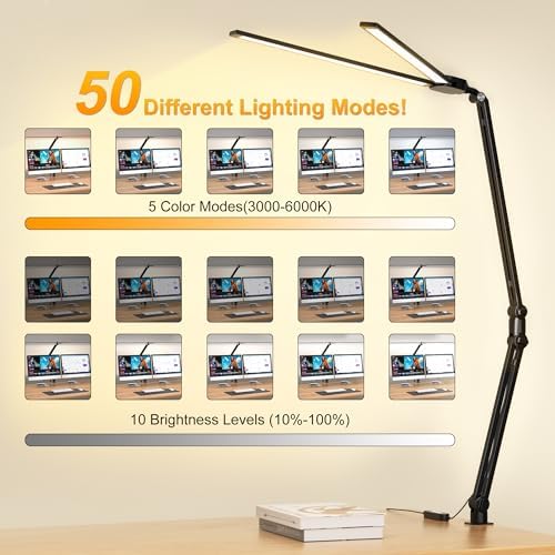 CHARYJOD LED Desk Lamp for Office Home, Architect Desk Light with Clamp