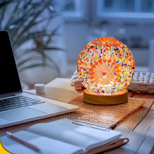 Turkish Mosaic Lamp, 3 Color Temperature Tiffany Bedside Lamp with USB Power, Moroccan Glass Lantern Table Lamp for Living Room Decor, Simple Control (D:4.7" x H:5.2") (Orange1)