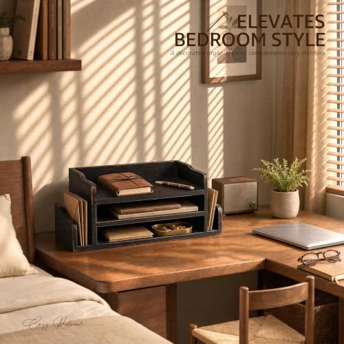 Wood Desk Organizer: File Organizer with 3-Tier Shelf, Distressed Black