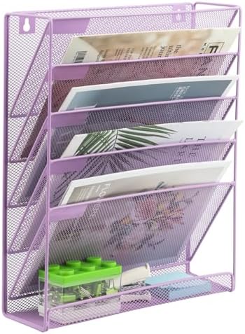 EASEPRES Desk File Organizer Mesh 6 Tier, Hanging Wall Mount Document Organization Stand, Desktop Vertical Mail Paper Folder Holder Rack with Bottom Tray for Office Home Cubicle, Light Purple