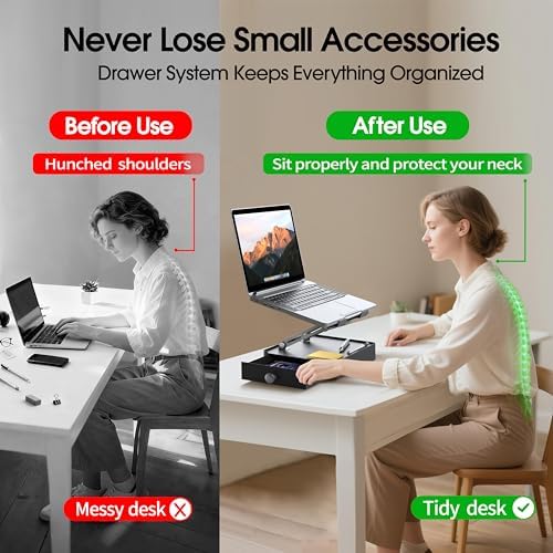 Laptop Stand with Storage Drawer, Heavy-Duty Metal Laptop Riser for Desk