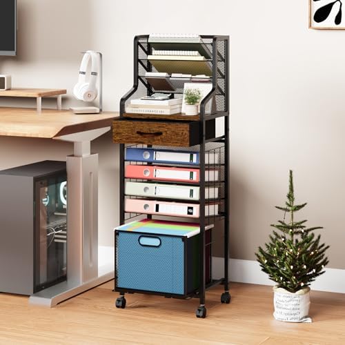 SWTYMIKI 10-Tier Rolling File Cart - Mesh Paper Organizer with Drawer & Hanging File Folders on Lockable Wheels, Rolling File Cabinet for Office Organization, Storage in Home, Studio, School, Espresso