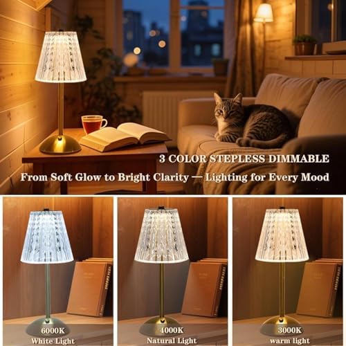 2 Pcs Cordless Rechargeable Table Lamp, Touch Dimming, 3 Color Modes