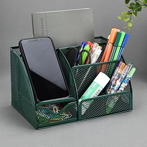 Green Desk Organizer Mesh Drawer Storage Accessories with 6 Compartments and Drawer, Desktop Caddy Storing Stationery Trinkets Cosmetics Jewelry Electronic Gadgets for Workspace Classsroom