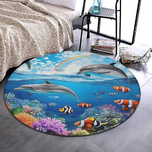 Room Sofa Yoga Soft Round Carpet, Home Decor Non Slip Kitchen Office Circle Rug, Machine Washable Modern Round Area Rug Blue Ocean Underwater World Dolphin Art, 60inch