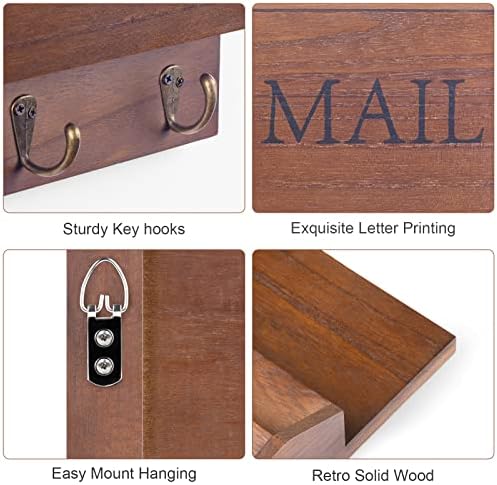 DLQuarts Solid Wood Mail Organizer with Key Holder for Wall, Mail Sorter Wall Mounted, Decorative Wooden Key and Mail Holder with 3 Hooks, Dark Brown