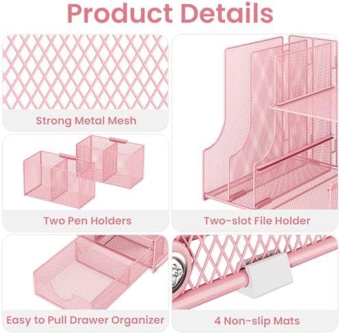Lavatino Desk Organizer – 4-in-1 Pink Mesh Office Supplies Organizer with Pen Holder, File Holder, Desktop Tray, and Drawer for Home, Office, Classroom