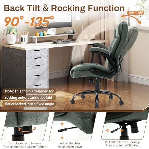 Massage Office Chair,500LBS Ergonomic Rocking Executive Desk Chairs with 4 Points Vibration&Heat,Padded Flipup Armrests for Big and Tall Office Chair,Swivel Computer Chair Fabric Green