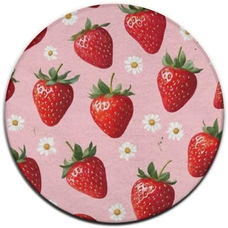 Large Machine Washable Circular Rugs, Home Decor Round Mat for Living Room Sofa Office Daisy Floral Pink Strawberry