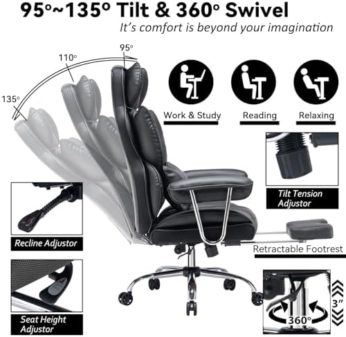 Efomao Big and Tall Office Chair 400lbs – High Back Executive Chair with Swivel Base, PU Leather Upholstery, Lumbar Pillow, Padded Armrests, and Rolling Wheels，Black Computer Chair