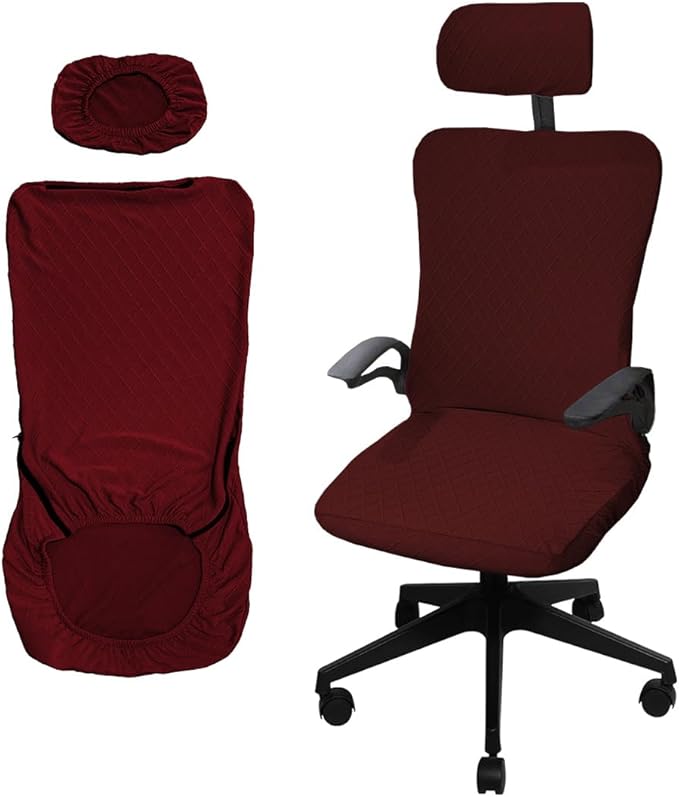 Ergonomic Office Chair Covers Set with Headrest Cover Stretch Desk Computer Chair and Headrest Slipcovers Washable Protector Slipcovers for Swivel Computer Chair 2 Pieces Wine Red