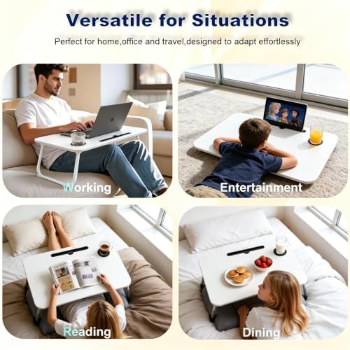 27.6" Home Office Folding Lap Desk with Drawer, Tablet Slot, Cup Holder - Fits up to 18 Inch Laptops, Bed Desk for Reading, Writing, Eating, Portable Laptop Table for Sofa, Coach, Floor (White)