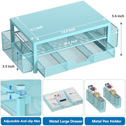 OPNICE Desk Organizers and Accessories, Computer Monitor Stand Riser with Drawer and 2 Pen Holders, Printer & Laptop Stand, Office Desk Accessories & Workspace Organizers for Home Office Supplies, Soft Blue