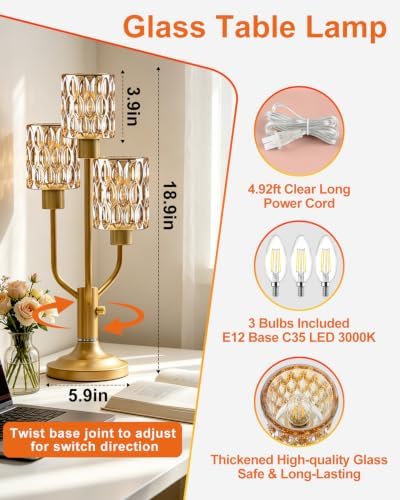 Lightdot Mid Century Modern Table Lamp Glod Glass Dimmable 3 Bulbs Included
