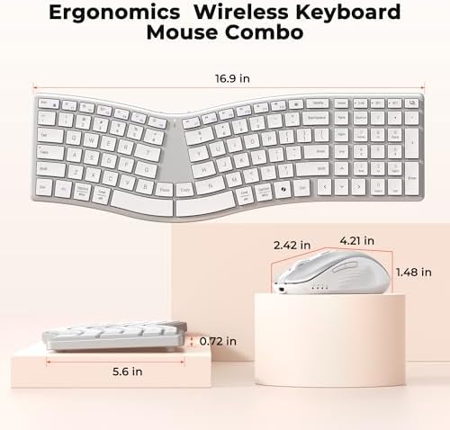 MEETION Wireless Ergonomic Keyboard and Mouse, Split S-Curve Design, White