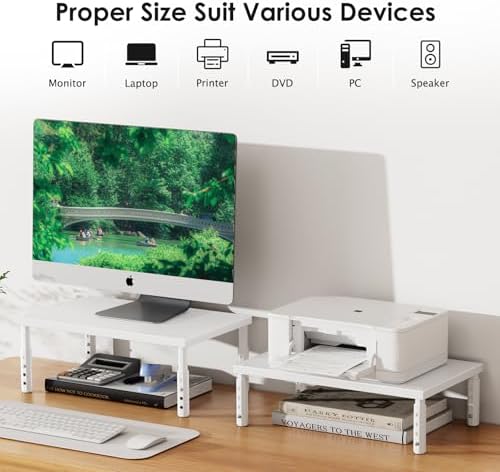 ECOLOVI Adjustable Wood Computer Monitor Stand Riser, Office Desk Organizer and Accessories for Monitor, Laptop, PC, Printer, Office Desk Accessories Workspace Organizer for Home Office Supplies, White