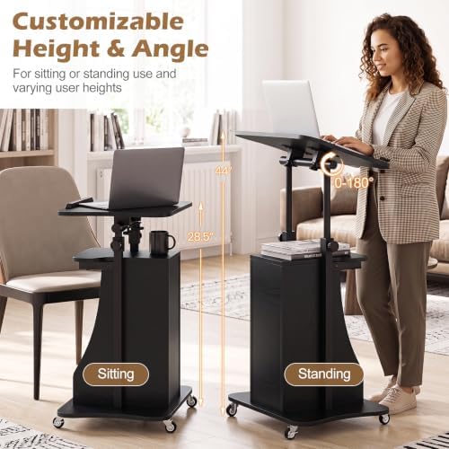 Tangkula Mobile Lectern Podium, Height Adjustable Podium Stand, Standing Sit-to-Stand Desk, Rolling Cart Laptop Desk with Swivel Top Movable Wheels & Storage