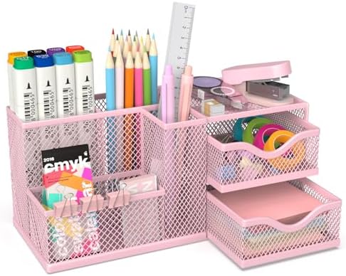 Mesh Desk Organizer with 2 Drawers, Metal Pen Holder for Desk, Pink