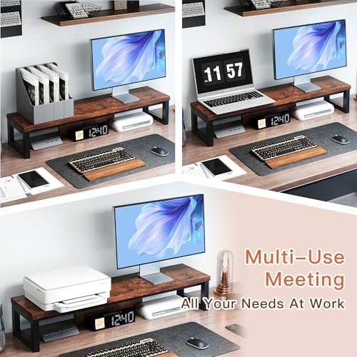 Dual Monitor Stand Riser, Wood and Steel Monitor Riser, Long Computer Monitor Stands for 2 Monitors, Desk Shelf for Computer, Laptop, Printer, TV, Brown
