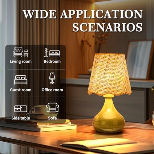 Ziqqeelam Green Cute Small Boho Table Lamp for Bedroom Bedside, Green Lamps for Nightstand, Scalloped Rattan Shade Table Lamps for Small Spaces for Bedroom, Home Office, Living Room, Kids Dorm