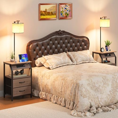 End Table with Floor Lamp, Nightstand with Charging Station, Floor Lamp Table with 3-Color Temperature Bulb, Bedside Table Night Stand with 2 Drawers for Bedroom, Living Room, Greige