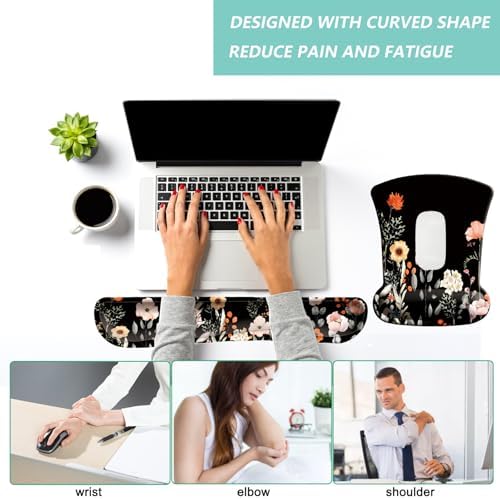 Keyboard Wrist Rest Pad Mouse Pad with Wrist Support Set of 3, Gaming Mousepad with Non-Slip Rubber Base, Ergonomic Memory Foam Mouse Cushion Support for Home Office Laptop Computer, Flower Black