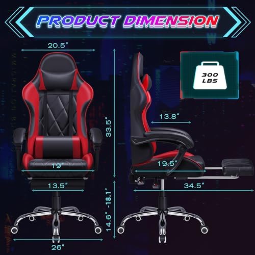 Shahoo Gaming Chair with Footrest and Massage Lumbar Support, Computer Game Chairs Ergonomic Office Seat Height Adjustable with Headrest, Red