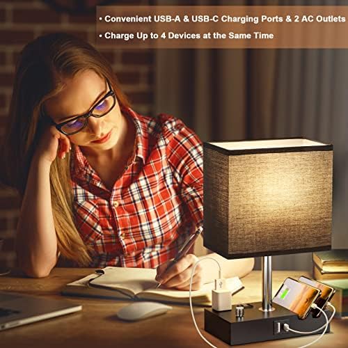 Black Table Lamp for Bedroom - Stepless Dimmable, USB C+A, 2 AC Outlets