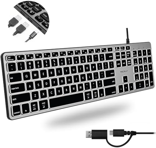 Macally Wired Keyboard for Mac with USB Hub (2X USB-A / 1x USB-C) - Compatible Backlit Apple Keyboard with Dual Interface - Auto OS Detection for Mac, MacBook Pro/Air, iMac, PC, Android, iPad, iOS