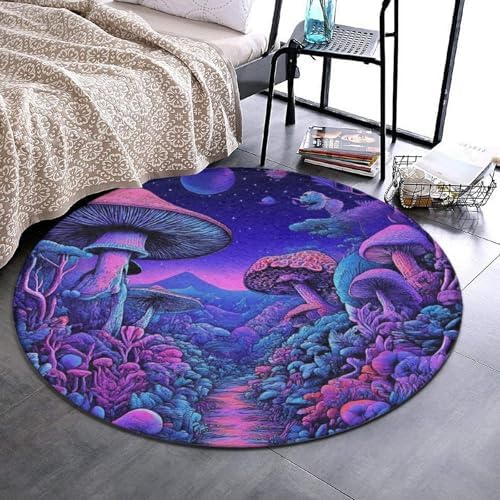 Home Decor Non Slip Kitchen Office Circle Rug, Machine Washable Modern Round Area Rug, Room Sofa Yoga Soft Round Carpet Magic Mushroom Mushrooms Scenery, 60inch
