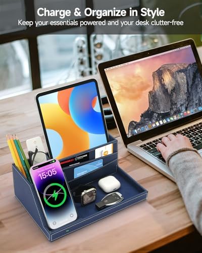 Desk Organizer with Charging Station, Nightstand Organizer Phone Docking Station, Men Gift Husband Wife Anniversary Dad Birthday Nightstand Purse Father Graduation Male Travel Idea Gadgets