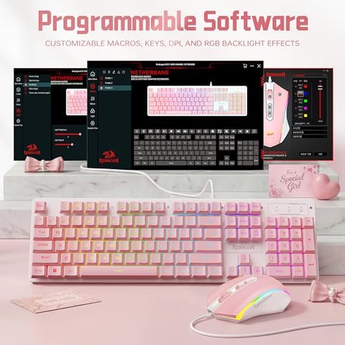 Redragon Updated S107WP Gaming Keyboard and Mouse, RGB Gaming Keyboard and 10000 DPI Mouse Combo with 25-Key Anti-Ghosting, 1K Hz Programmable Mice with Software, Plug & Play to PC, Laptop - Pink