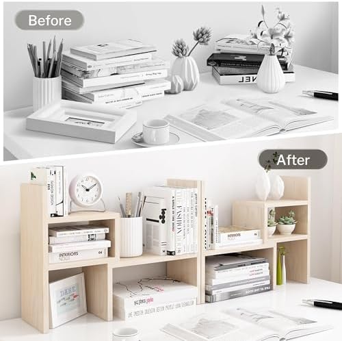 Jerry & Maggie Desktop Organizer Office Storage Rack Adjustable Wood Display Shelf, White, 5 Units, 16"L x 15.8"H x 6.8"W