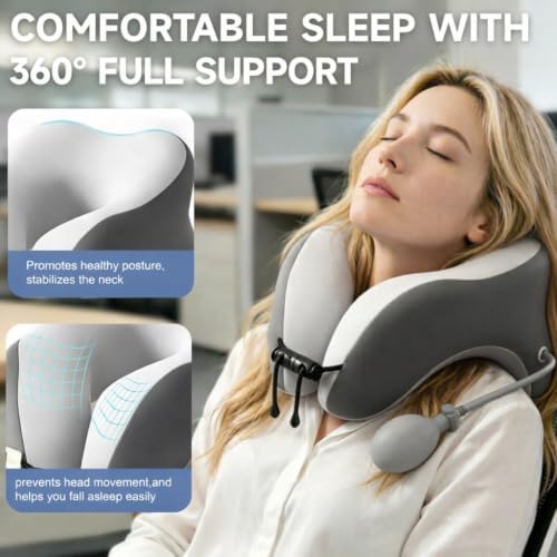 Desk Pillow for Napping, Neck Pillow for Office Chair Headrest, Neck Support Pillows for Desk Sleeping, Inflatable Neck Pillow for Work/Travel/Airplane, Face Down Pillow, Adjustable Height (Grey)