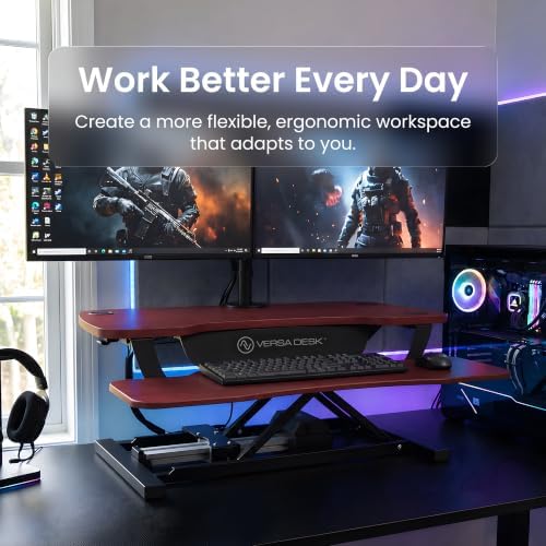 VERSADESK PowerPro 48 Inch Electric Standing Desk Converter – Push-Button Height Adjustable Sit to Stand Desk Riser for Multiple Monitors – Motorized Desktop Workstation with Wide Keyboard Tray