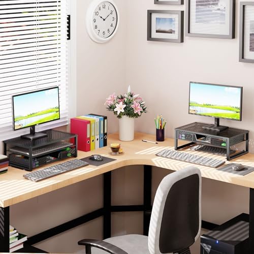 Simple Trending Metal Monitor Stand Riser and Computer Desk Organizer with Drawer for Laptop, Computer, iMac, Black
