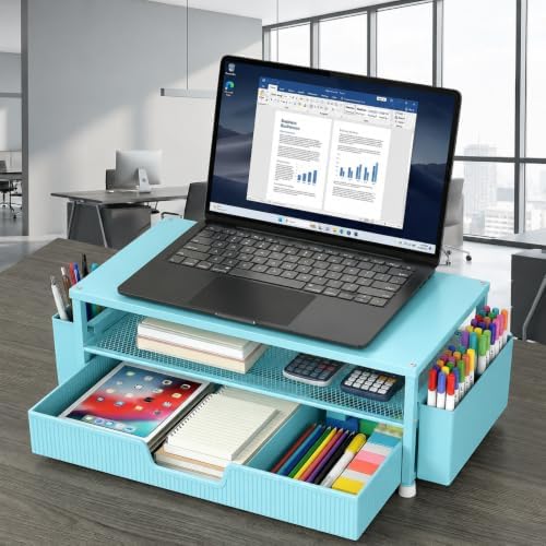 ECOLOVI Desk Organizer and Accessories, 2-Tier Computer Monitor Stand Rise with Storage Drawer & 2 Pen Holders, Laptop & Printer Stand for Desktop, Workspace Organizers for Office Supplies (Blue)