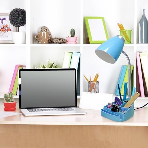 Simple Designs LD1002-BLU-LB 18.5" Gooseneck Organizer Desk Lamp with iPad Tablet Stand Book Holder with LED Bulb, Blue
