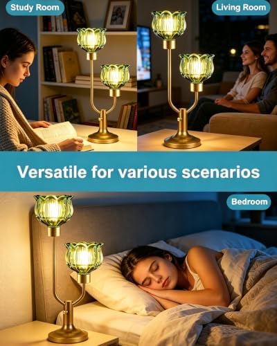 Flower Table Lamp for Bedroom Dimmable Vintage Green Glass Lamp