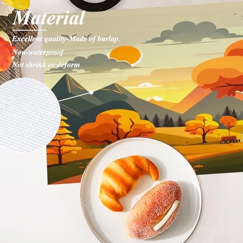 Shrahala Fall Season Countryside Village Set of 4 12 X 18 Inch Linen Placemats, Sunrise Sky Over Mountain Burlap Table Mat Washable Double Layered Heat Insulation for Indoor/Outdoor