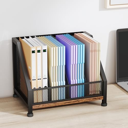 SWTYMIKI Desk Organizer - Paper Organizer, Mesh and Wood Desk Office Organizer, Office Organization and Binder Storage for Workspace, Home, School, Espresso