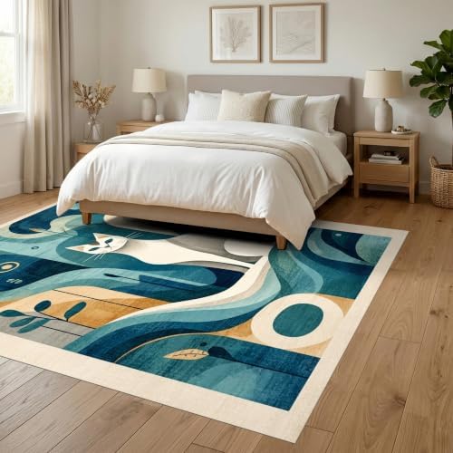 6'x9' Teal Blue Cat Boho Abstract Design Ultra-Soft Area Rug
