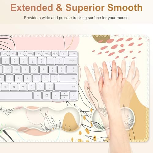 Gaming Mouse Pad Keyboard Wrist Support, 4 in1 Mousepad with Wrist Keyboard Rest, Computer Desk Mat, Non-Slip Desk Pad Protector with Memory Foam Easy Typing Pain Relief I Tree Leaf Boho Style