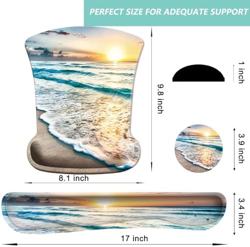 Keyboard Wrist Rest Pad Mouse Pad with Wrist Support Set of 3, Gaming Mousepad with Non-Slip Rubber Base, Ergonomic Memory Foam Mouse Cushion Support for Home Office Laptop Computer, Beach