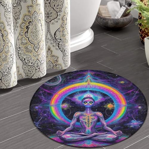 Large Round Area Rug Home Decor Modern Bathroom Rug Kitchen Office Circle Rug for Living Room Sofa Circle Cute Mat Trippy Blue Tie Dye Space Alien Meditation Art, 36inch