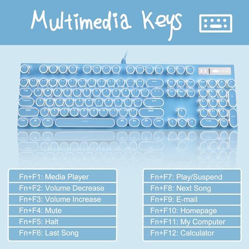 Typewriter Style Mechanical Gaming Keyboard,Retro Punk Gaming Keyboard with White Backlit, 104 Keys Blue Switch Wired Cute Keyboards with Detachable Wrist Rest,Blue Keyboards for Office/PC/Laptop