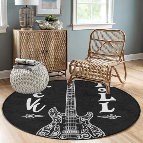 Large Machine Washable Circular Rugs, Home Decor Round Mat for Living Room Sofa Office Rock and Roll Musical Instruments Music Guitar